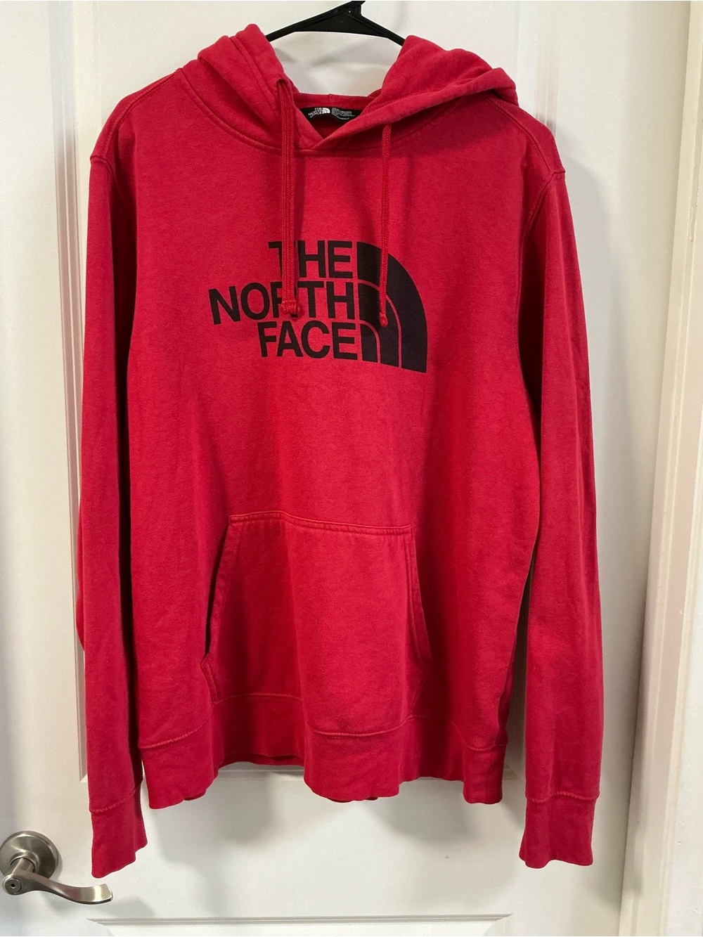 The North Face Men's Red Hoodie with Black Logo pullover size medium